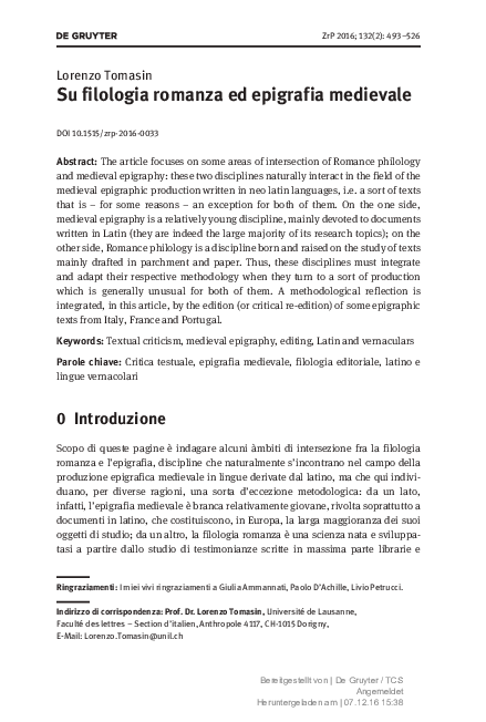 (PDF) Su filologia romanza ed epigrafia medievale, in 