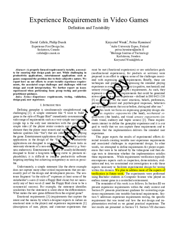 (PDF) Experience Requirements in Video Games Definition and Testability