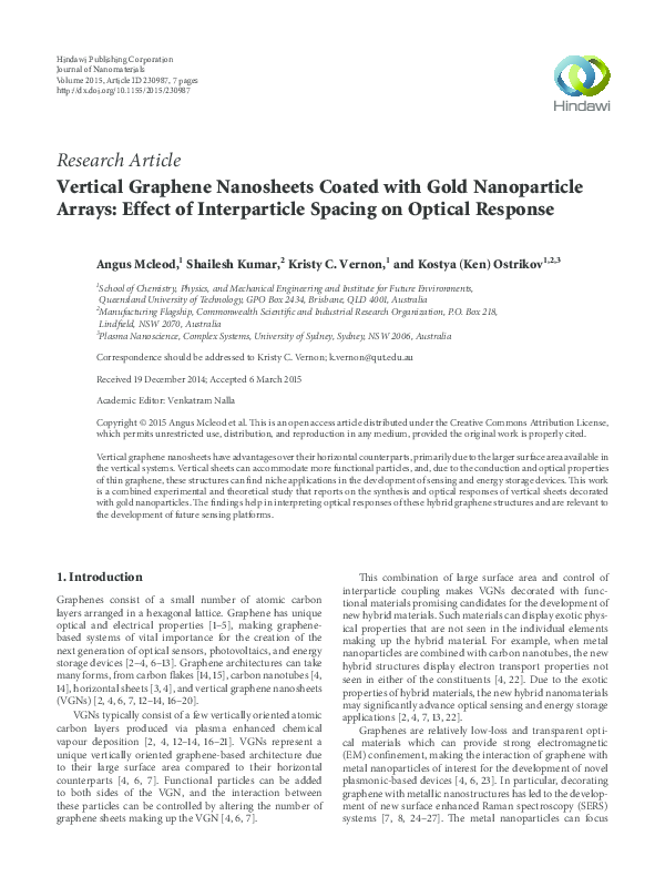 (PDF) Vertical Graphene Nanosheets Coated with Gold Nanoparticle Arrays ...