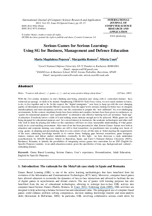 (PDF) Serious Games for Serious Learning Using SG for Business ...