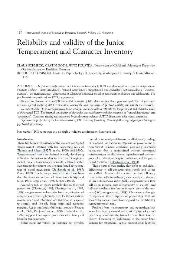 (PDF) The reliability and validity of the junior temperament and character inventory Robert
