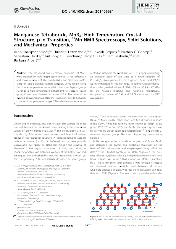 (PDF) Manganese Tetraboride, MnB4: High‐Temperature Crystal Structure ...