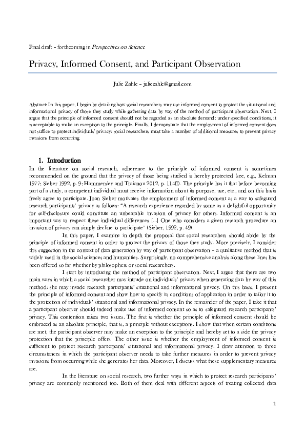 (PDF) Privacy, Informed Consent, and Participant Observation