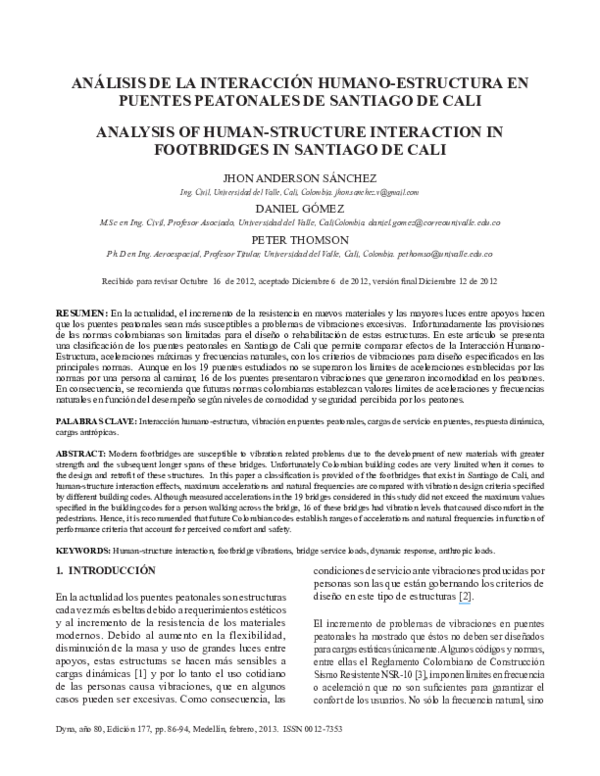 (PDF) Analysis of Human-Structure Interaction in Footbridges in ...