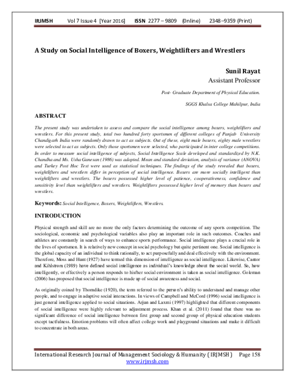 (PDF) A Study on Social Intelligence of Boxers, Weightlifters and