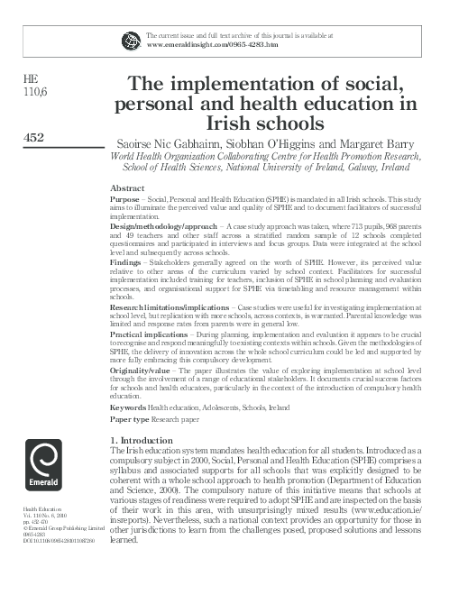 (PDF) The implementation of social, personal and health education in Irish schools Siobhan O