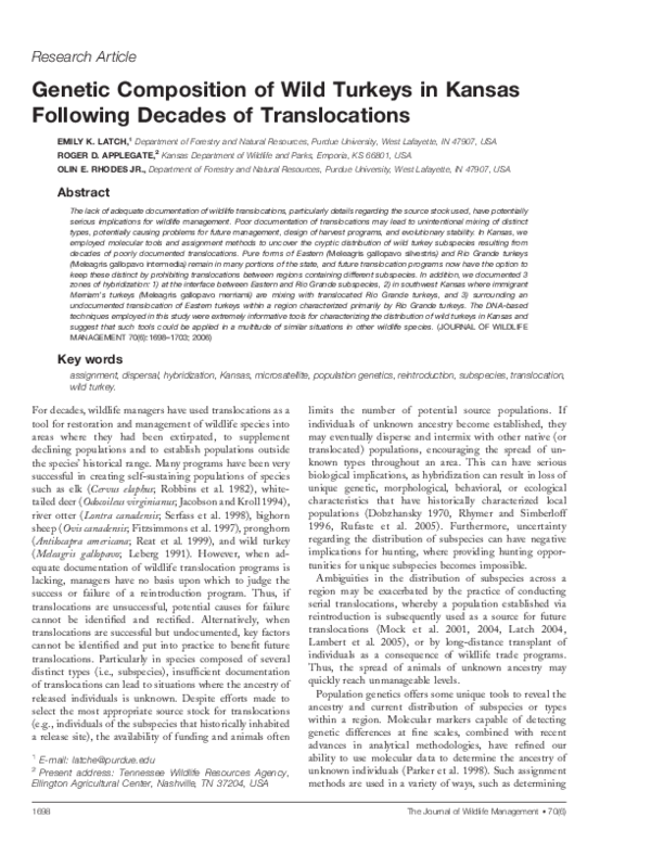 (PDF) Genetic Composition of Wild Turkeys in Kansas Following Decades ...