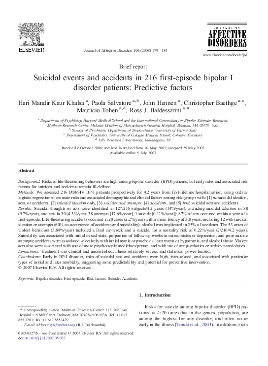(PDF) Suicidal events and accidents in 216 first-episode bipolar I ...