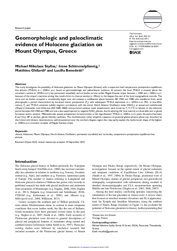 Geomorphologic and paleoclimatic evidence of Holocene glaciation on Mount Olympus, Greece