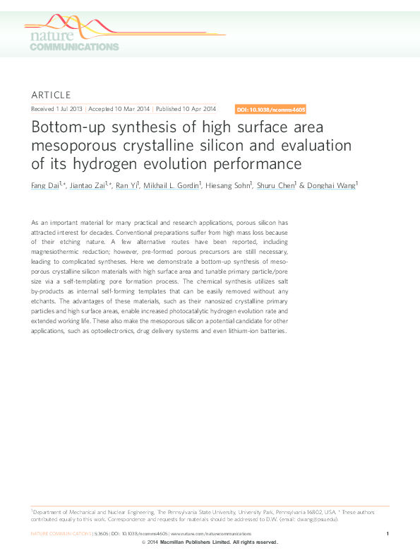 (PDF) Bottom-up synthesis of high surface area mesoporous crystalline ...