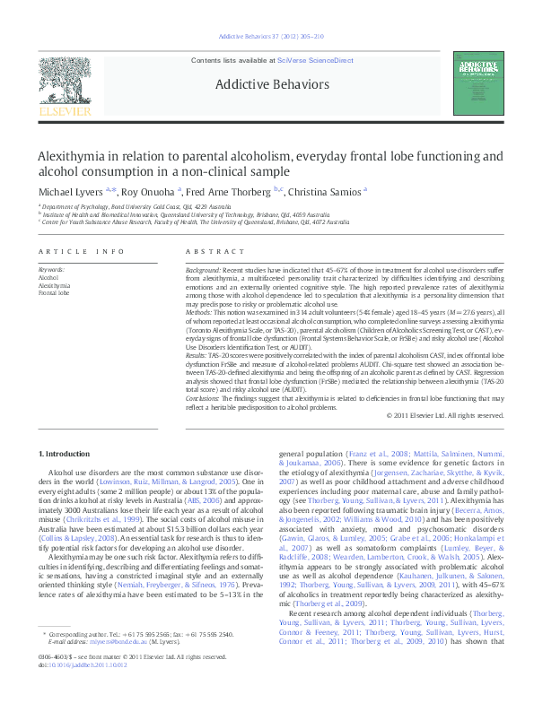 (PDF) Alexithymia in relation to parental alcoholism, everyday frontal ...