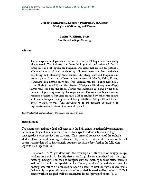 (PDF) Impact of Emotional Labor on Philippine Call Center Workplace ...