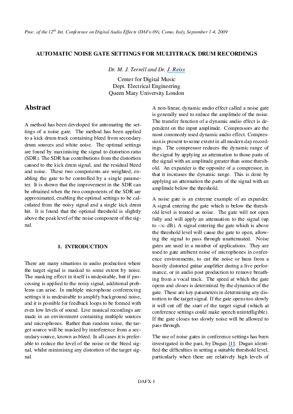 (PDF) Automatic Noise Gate Settings for Multitrack Drum Recordings