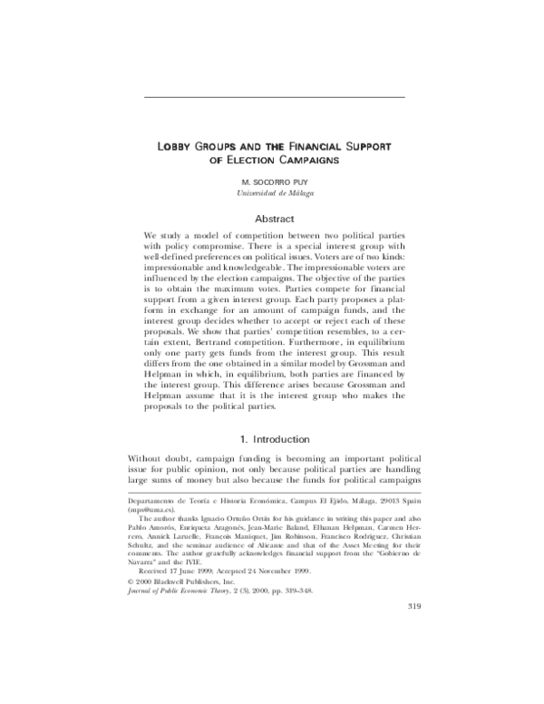 (PDF) Lobby Groups and the Financial Support of Election Campaigns