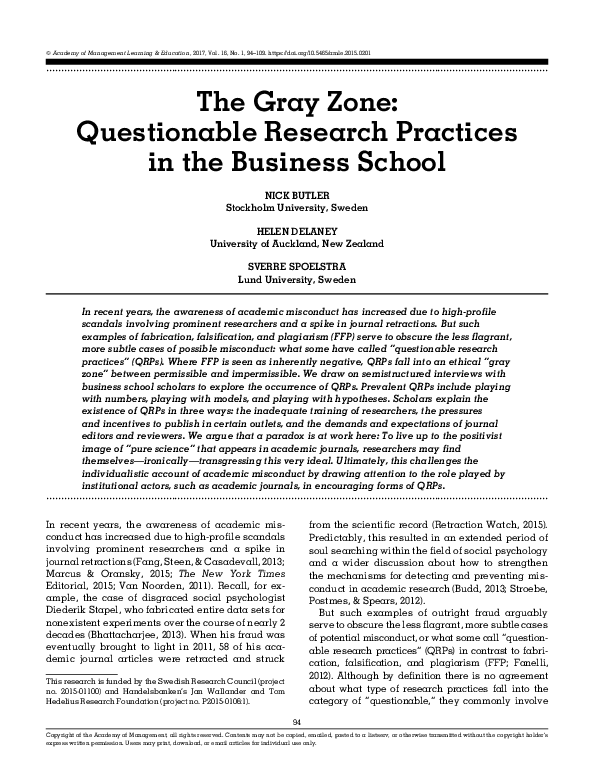 (PDF) The Gray Zone: Questionable Research Practices in the Business School