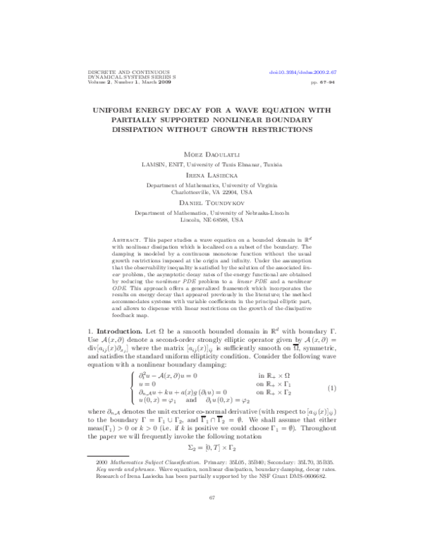 (PDF) Uniform energy decay for a wave equation with partially supported ...