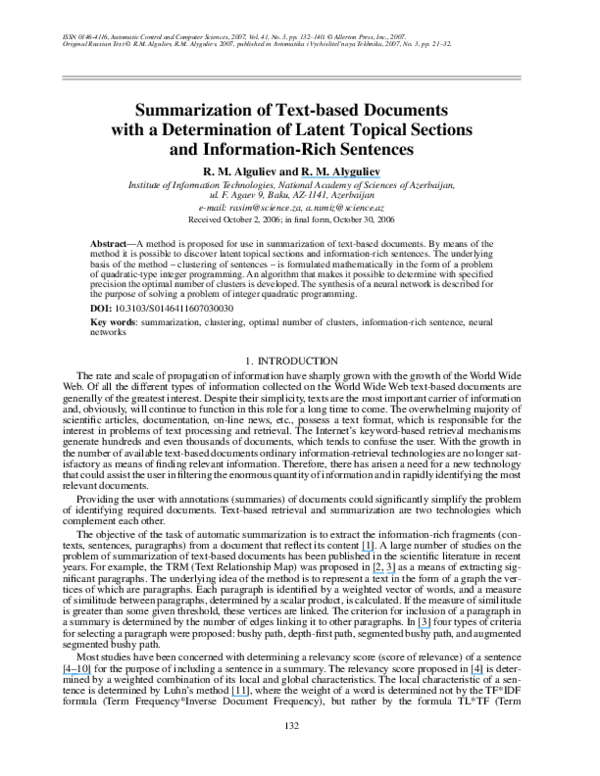 (PDF) Summarization of text-based documents with a determination of ...