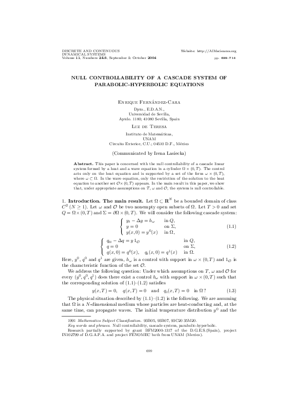 (PDF) Null controllability of a cascade system of parabolic-hyperbolic ...