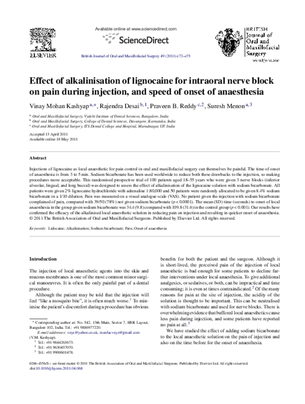 (PDF) Effect of alkalinisation of lignocaine for intraoral nerve block