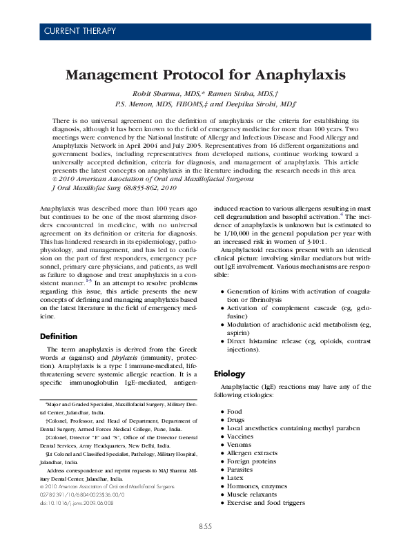 (PDF) Management Protocol for Anaphylaxis suresh menon Academia.edu