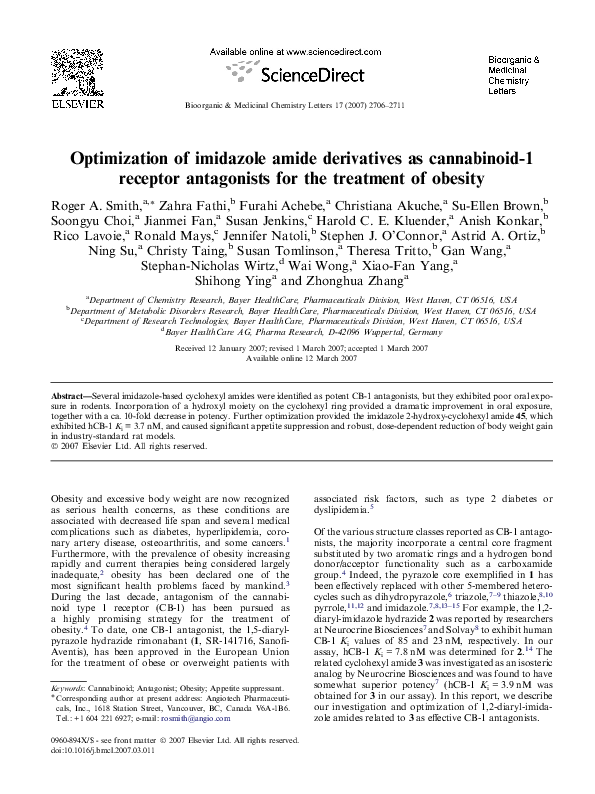 (PDF) Optimization of imidazole amide derivatives as cannabinoid-1 ...