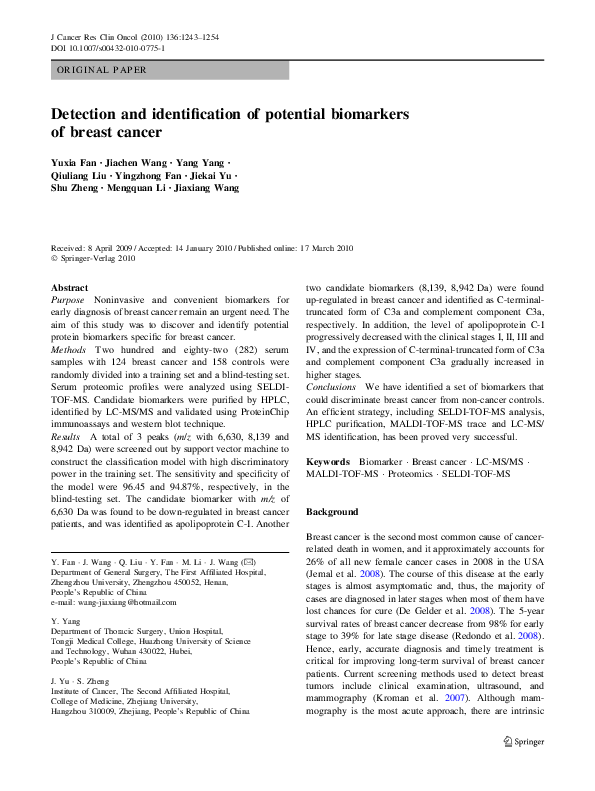 (PDF) Detection and identification of potential biomarkers of breast cancer