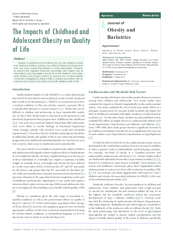 (PDF) The Impacts of Childhood and Adolescent Obesity on Quality of Life