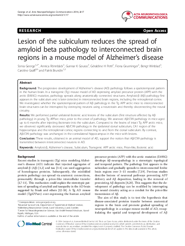 (PDF) Lesion of the subiculum reduces the spread of amyloid beta ...