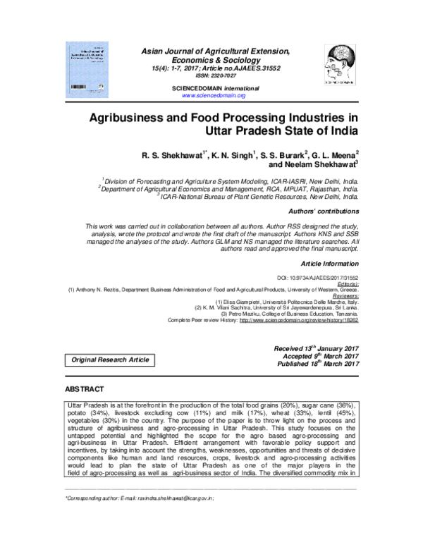 (PDF) Agribusiness and Food Processing Industries in Uttar Pradesh