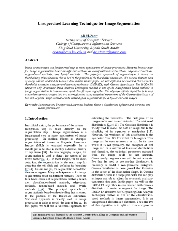 (PDF) Unsupervised Learning Technique for Image Segmentation