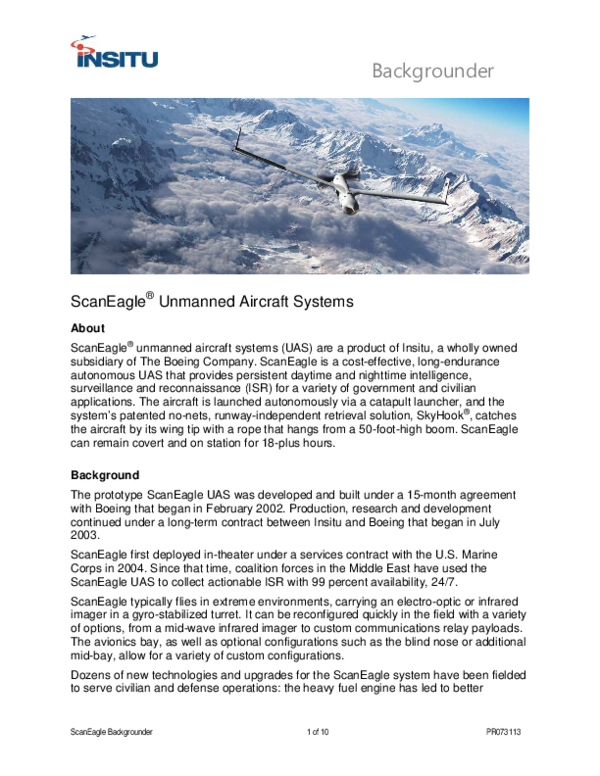 (PDF) Backgrounder ScanEagle ® Unmanned Aircraft Systems