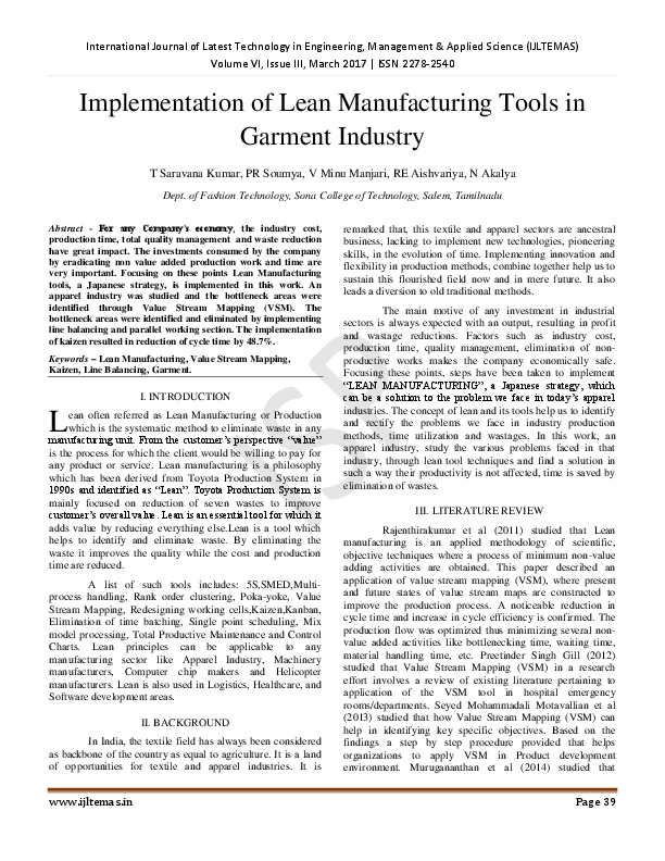(PDF) Implementation of Lean Manufacturing Tools in Garment Industry