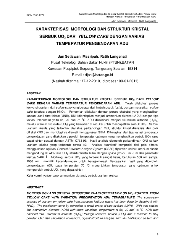 (PDF) Karakterisasi Morfologi Dan Struktur Kristal Serbuk UO2 Dari ...