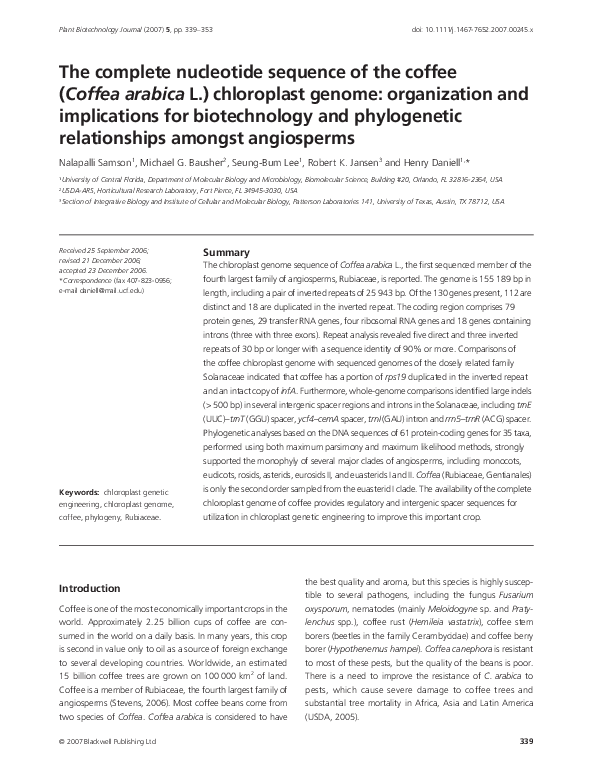 (PDF) The complete nucleotide sequence of the coffee ( Coffea arabica L ...