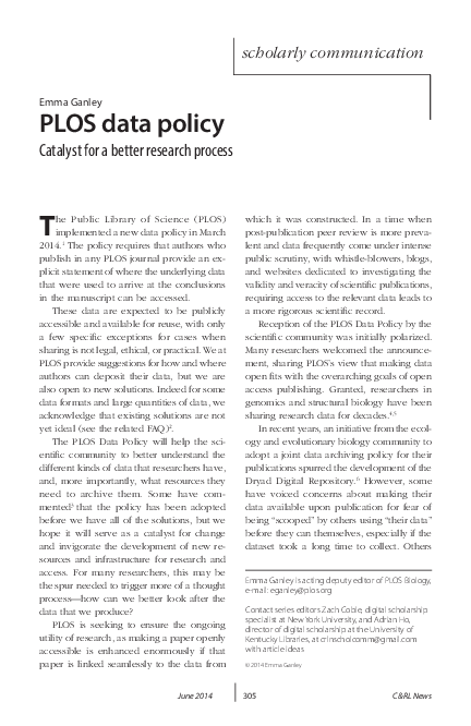(PDF) PLOS data policy Catalyst for a better research process