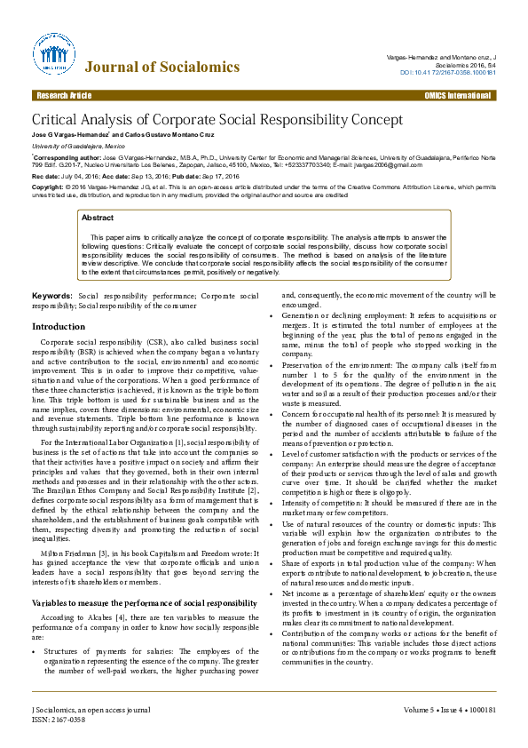 (PDF) Critical Analysis of Corporate Social Responsibility Concept
