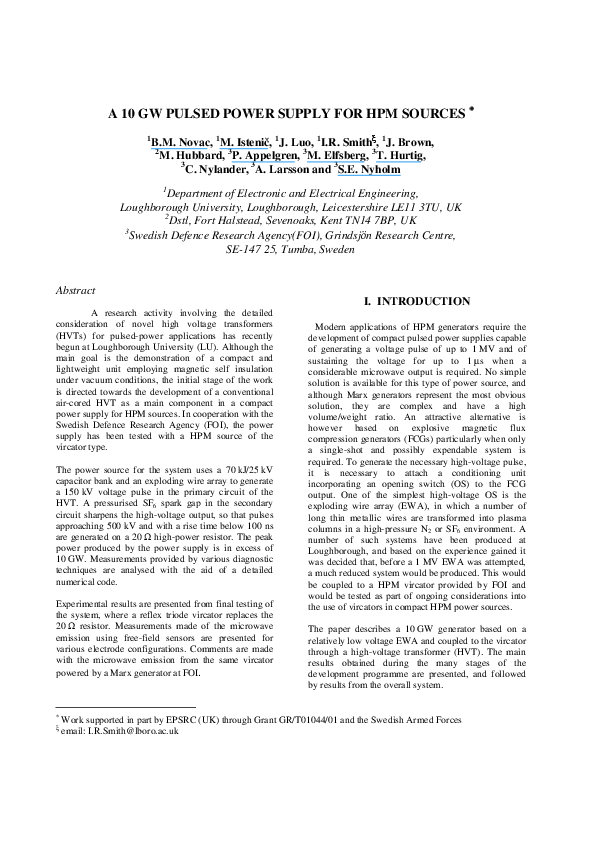 (PDF) A 10-GW Pulsed Power Supply for HPM Sources