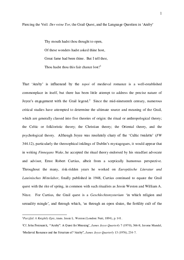 (PDF) ‘Piercing the Veil Der reine Tor and the Grail Quest in “Araby”’, Dublin James Joyce