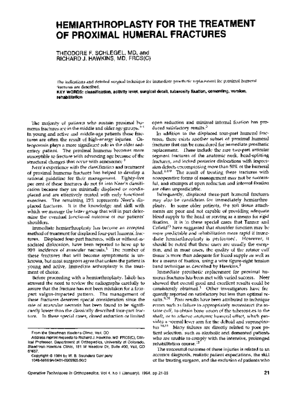 (PDF) Hemiarthroplasty for the treatment of proximal humeral fractures