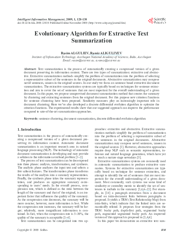 (PDF) Evolutionary Algorithm for Extractive Text Summarization
