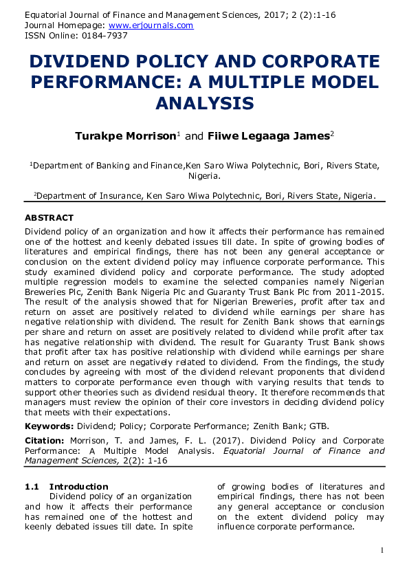 Pdf Dividend Policy And Corporate Performance A Multiple Model Analysis Pdf Dividend Policy And Corporate Performance A Multiple Model Analysis
