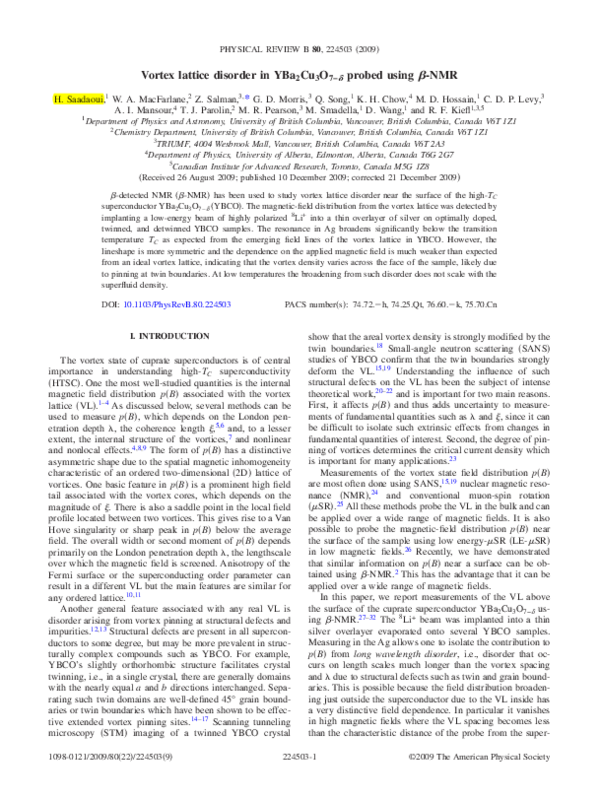 (PDF) Vortex lattice disorder in YBa 2 Cu 3 O 7− probed using -NMR