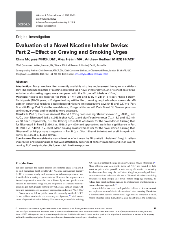 (PDF) Evaluation of a novel nicotine inhaler device: part 1-arterial ...