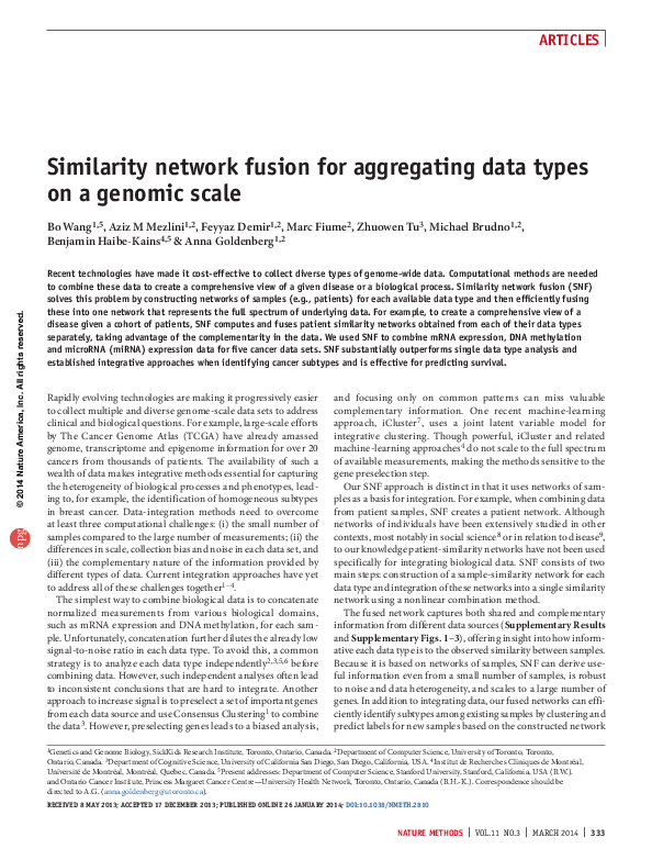 (PDF) similarity network fusion for aggregating data types on a genomic ...
