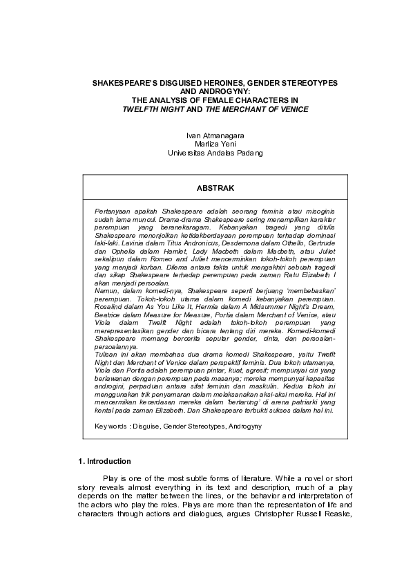 Pdf Shakespeare S Disguised Heroines Gender Stereotypes And Androginy Analysis Of Female Characters In Twelfth Night And The Merchant Of Venice Co Authored With Marliza Yeni Ivan Atmanagara Academia Edu