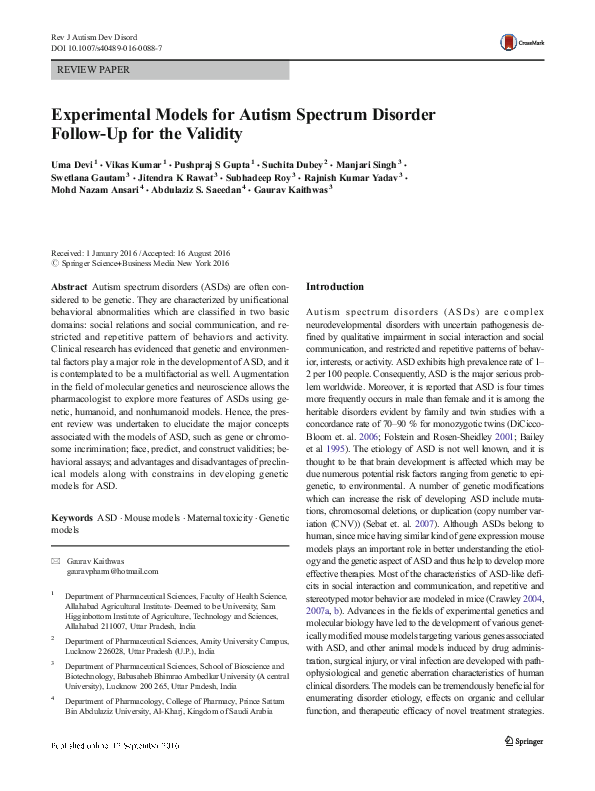 Asd Validity >> Experimental Models For Autism Spectrum Disorder Follow Up For The Asd Validity >> Experimental Models For Autism Spectrum Disorder Follow Up For The