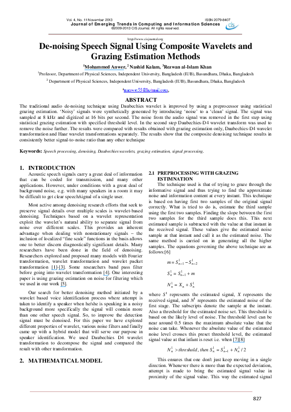 (PDF) Denoising speech signal using composite wavelets and grazing ...