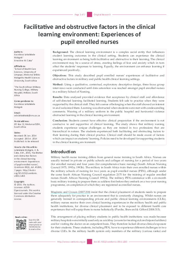 (PDF) Facilitative and obstructive factors in the clinical learning ...