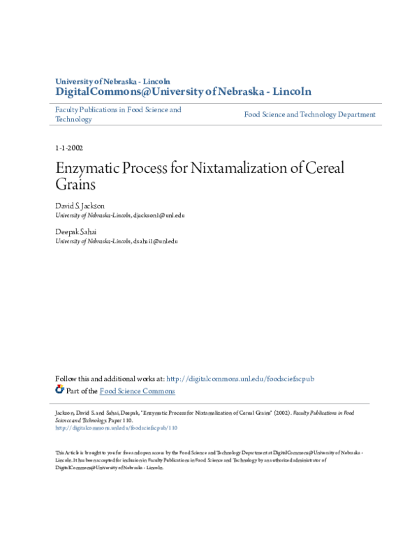 (PDF) Enzymatic Process for Nixtamalization of Cereal Grains 현수 지