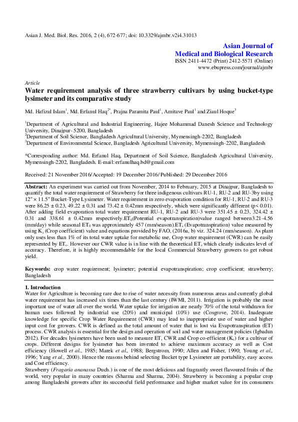 (PDF) Water requirement analysis of three strawberry cultivars by using